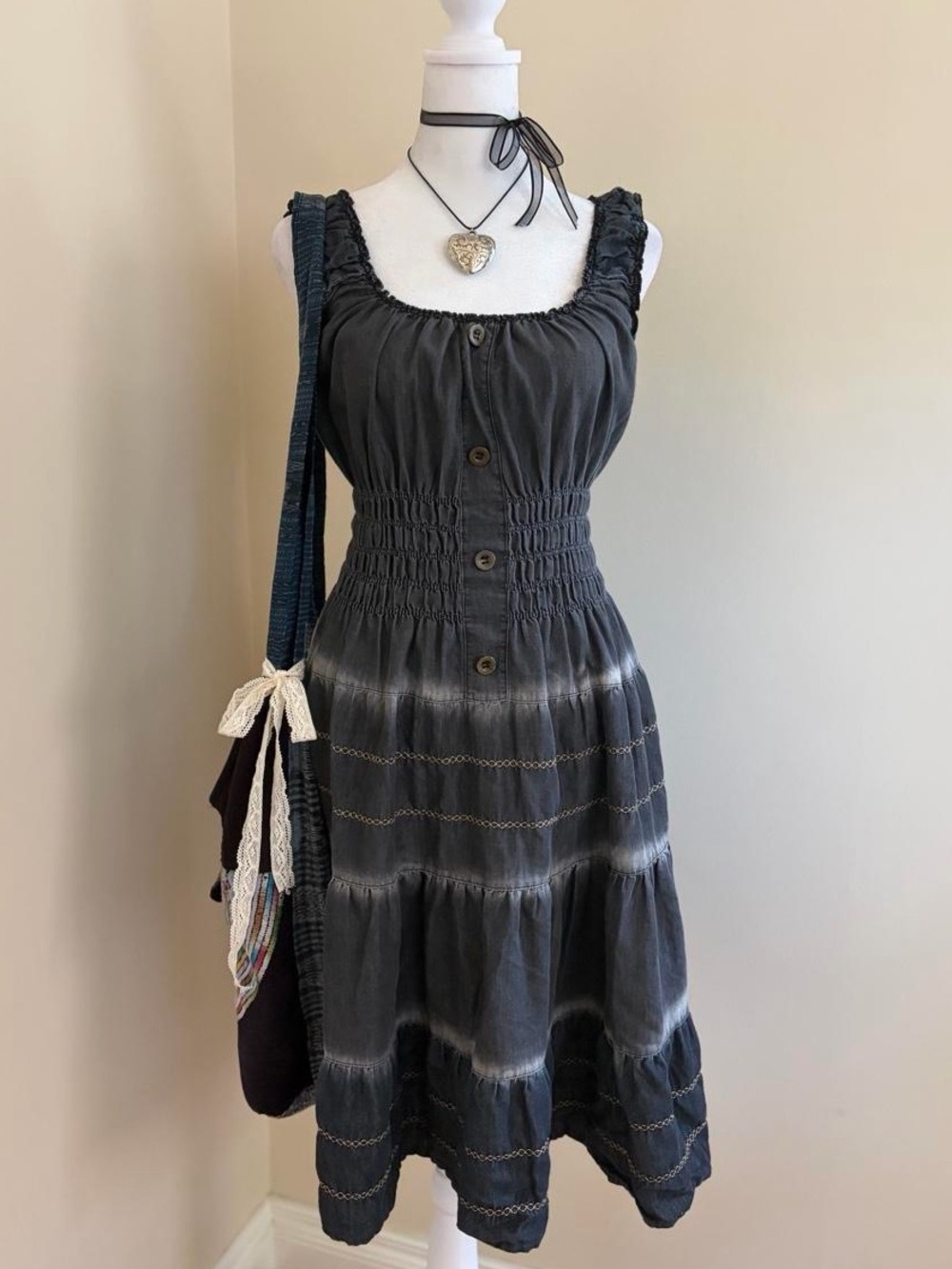 Vintage Y2K boho peasant babydoll ruffle midi dress milkmaid cottagecore goth M